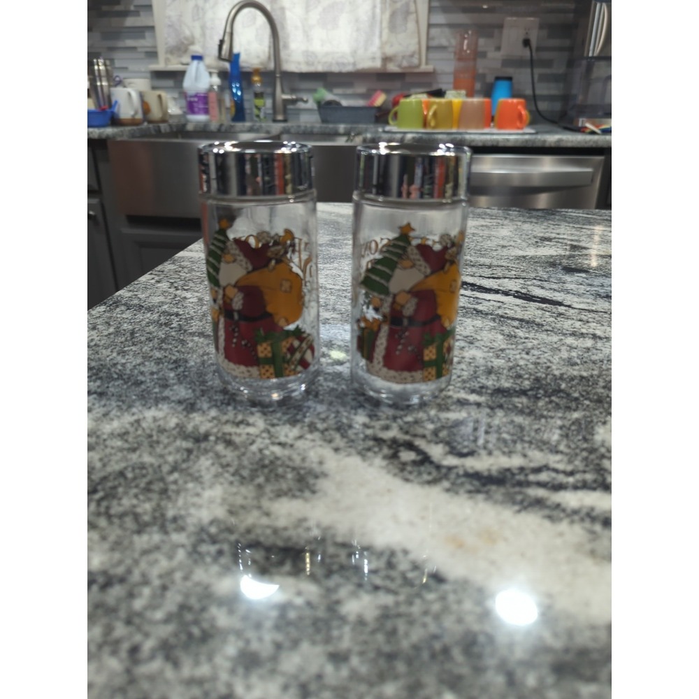 Vintage Salt & Pepper Shakers Glass Anchor Hocking Folk Art Santa Christmas